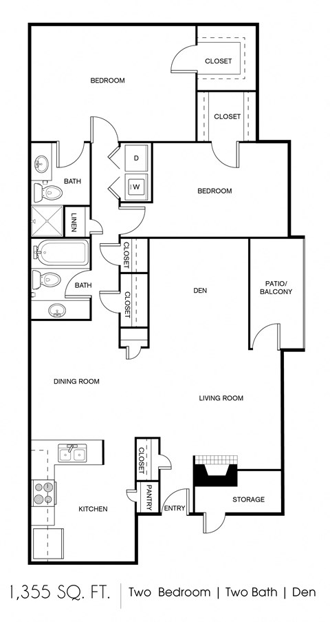 Floor plan for 2 beds, 2 baths, 1355 sqft